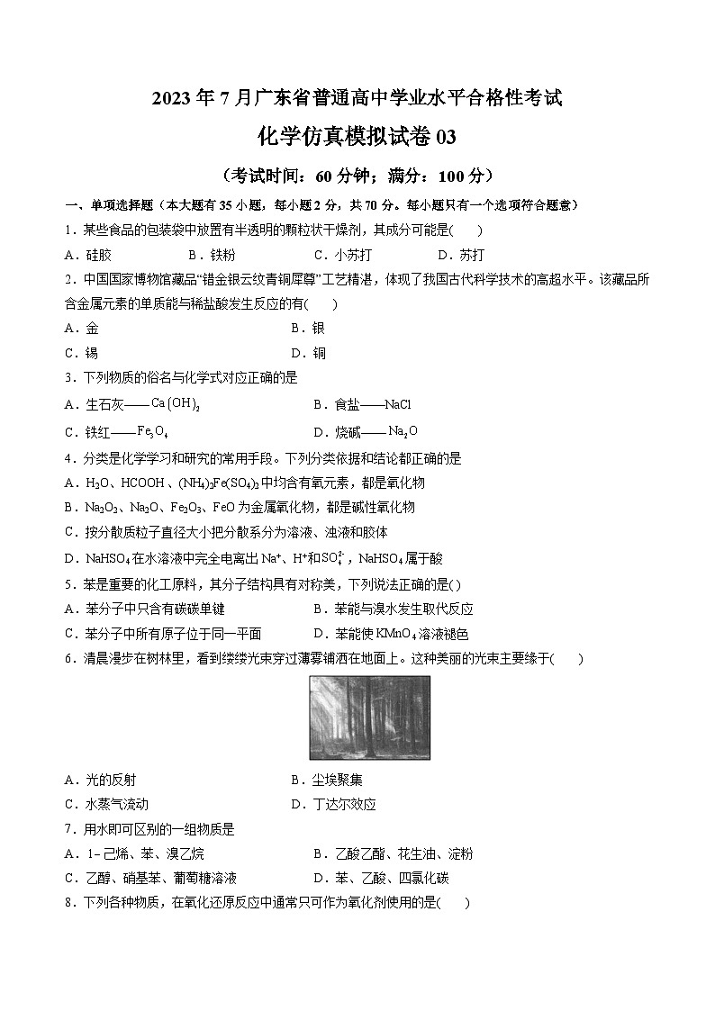 2023年7月广东省普通高中学业水平合格性考试化学模拟卷0301