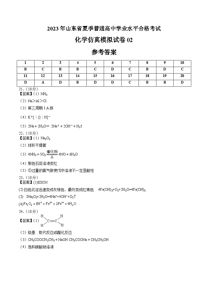 2023年山东省夏季普通高中学业水平合格考试化学模拟卷02（参考答案）第1页