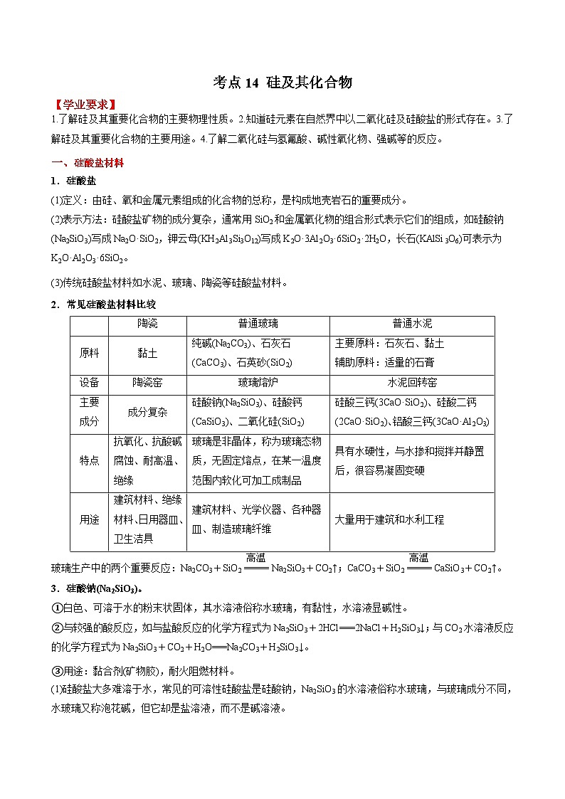 考点15 硅及其化合物——2023年江苏省普通高中化学学业水平合格性考试专项精讲+测试（解析版）第1页