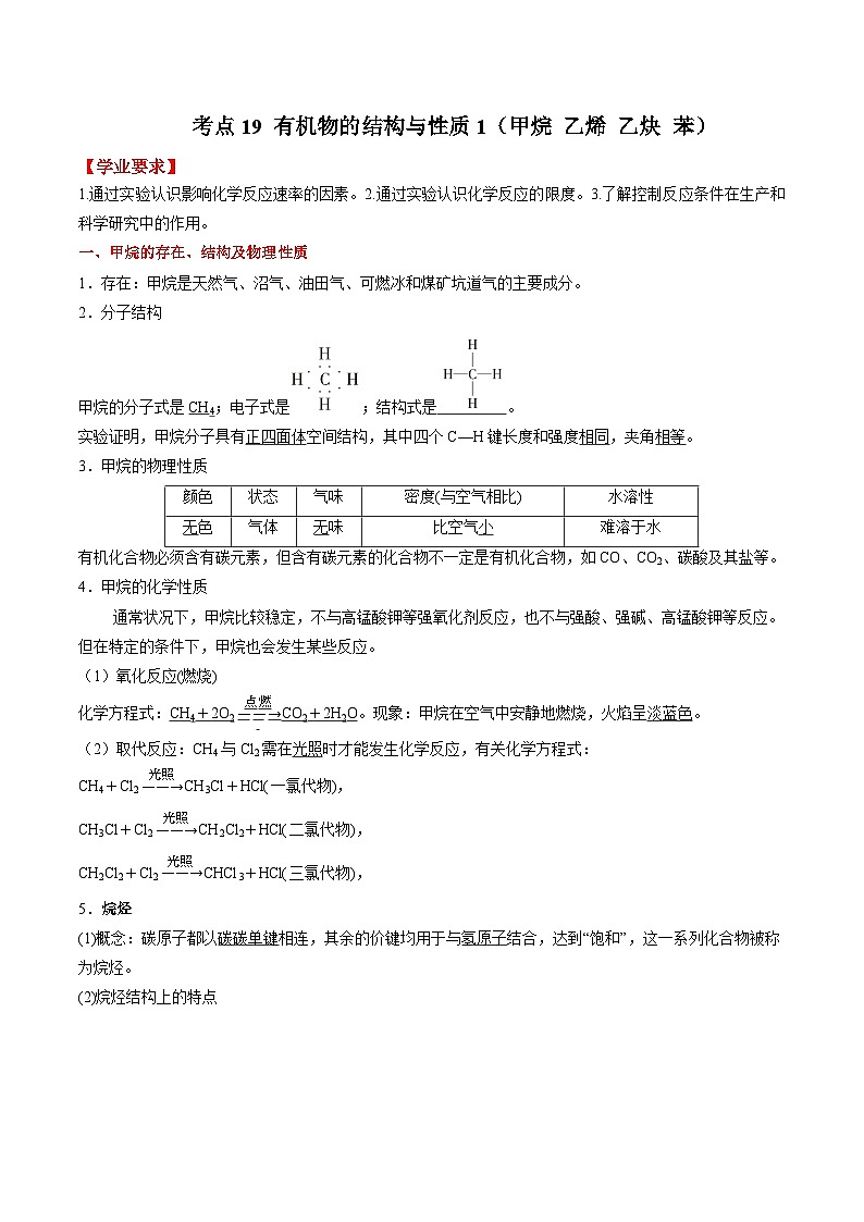 考点19 有机物的结构与性质1（甲烷 乙烯 乙炔 苯） ——2023年江苏省普通高中化学学业水平合格性考试专项精讲+测试（原卷版）第1页