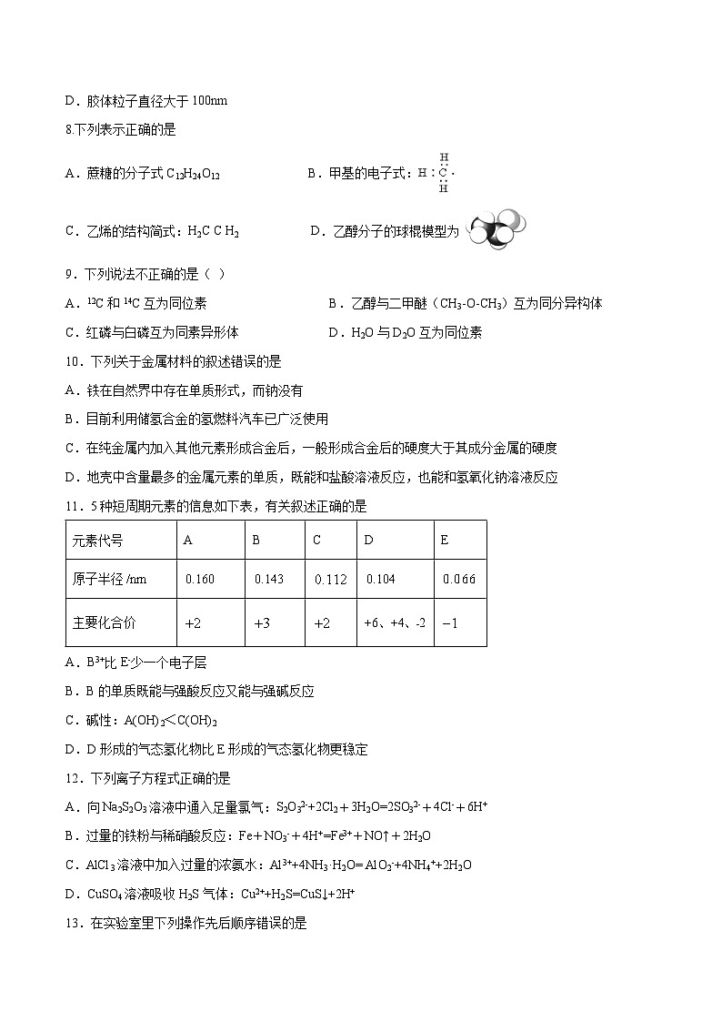 卷2——浙江省2023年7月普通高中化学学业水平考试模拟卷（原卷版）第2页