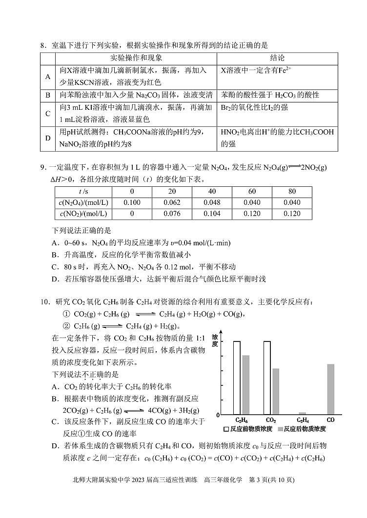 2023年北师大实验中学高三三模化学试题及答案第3页