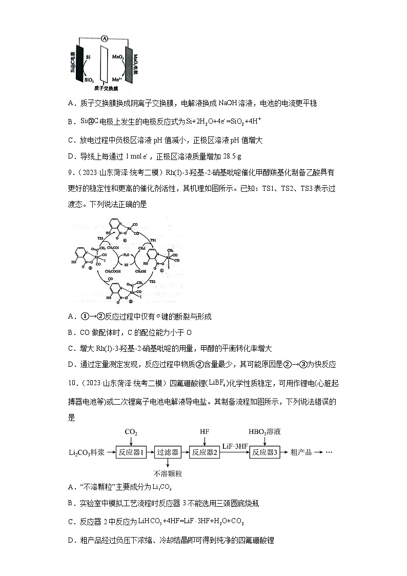 山东省菏泽市2021届-2023届高考化学三年模拟（二模）按题型分类汇编-选择题03