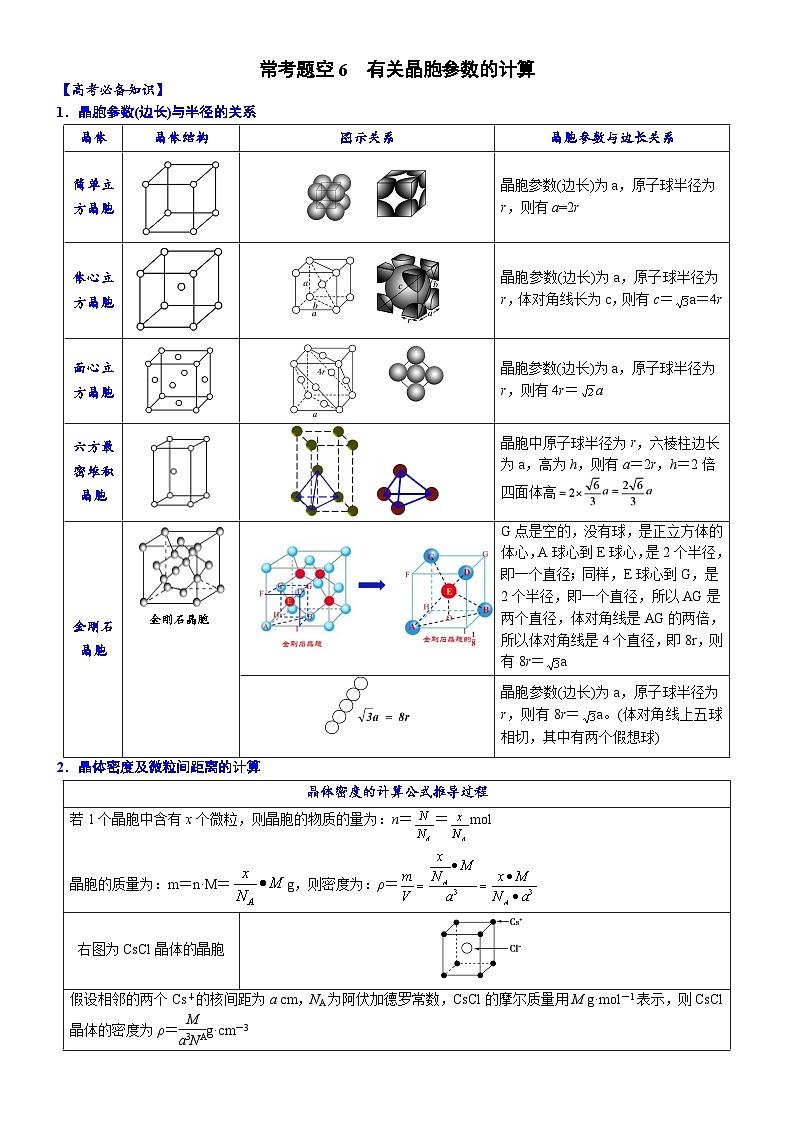 06    常考题空6　有关晶胞参数的计算 （附答案解析）-备战高考化学大题逐空突破系列（全国通用）01