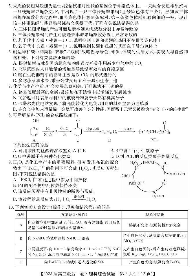 物化生丨安徽省合肥市168中学2023届高三下学期6月最后一卷物化生试卷及答案02