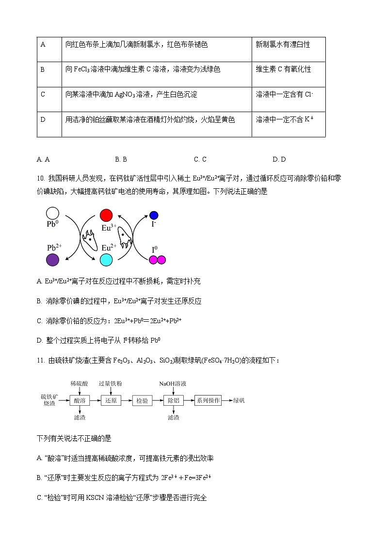 精品解析：江苏省南京市六校联合体2021-2022学年高一下学期期末考试化学试题（原卷版）第3页