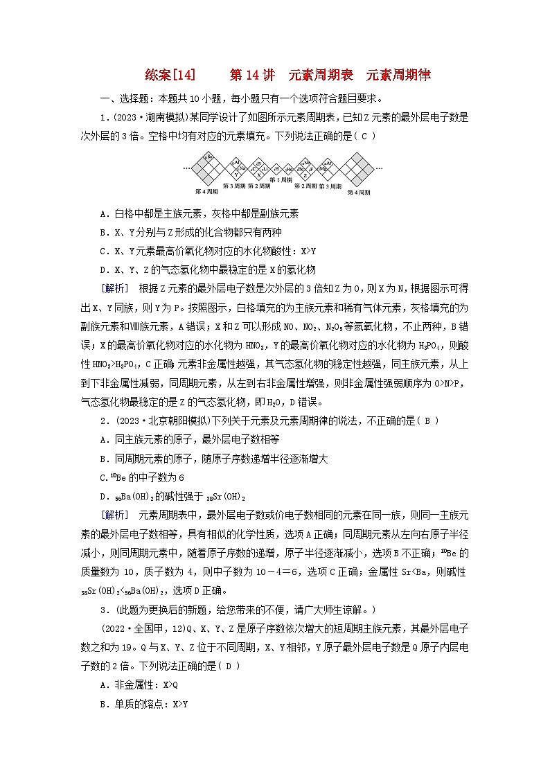 新教材适用2024版高考化学一轮总复习练案14第五章物质结构与性质元素周期律第14讲元素周期表元素周期律01
