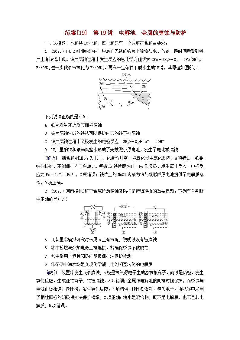 新教材适用2024版高考化学一轮总复习练案19第六章化学反应与能量第19讲电解池金属的腐蚀与防护第1页