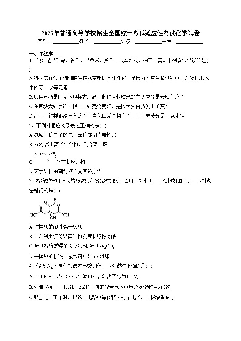 2023年普通高等学校招生全国统一考试适应性考试化学试卷（含答案）第1页