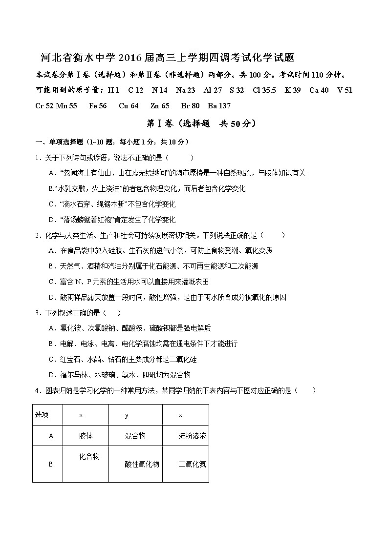 【全国百强校首发】河北省衡水中学2016届高三上学期四调考试化学试题第1页