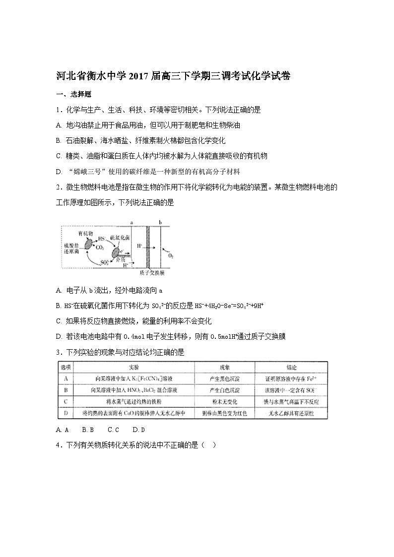 河北省衡水中学2017届高三下学期三调考试化学试卷（解析版）01