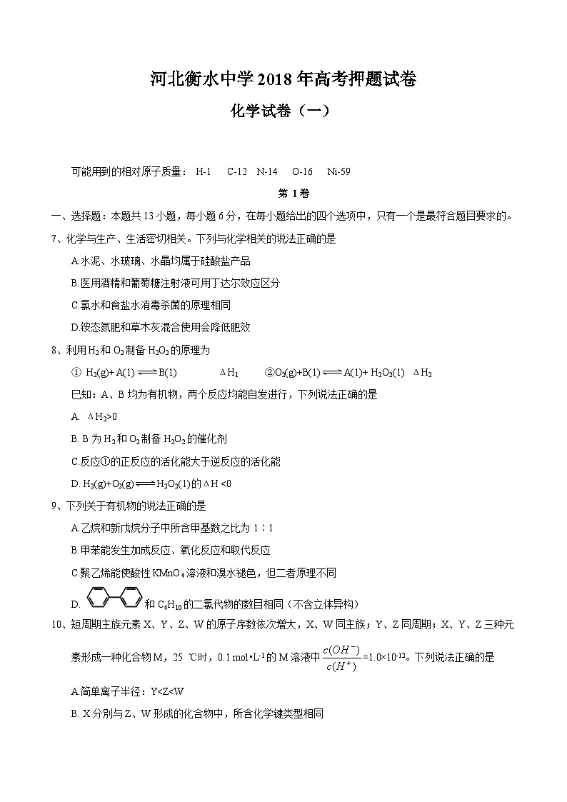 河北省衡水中学2018届高三高考押题（一）化学试题01