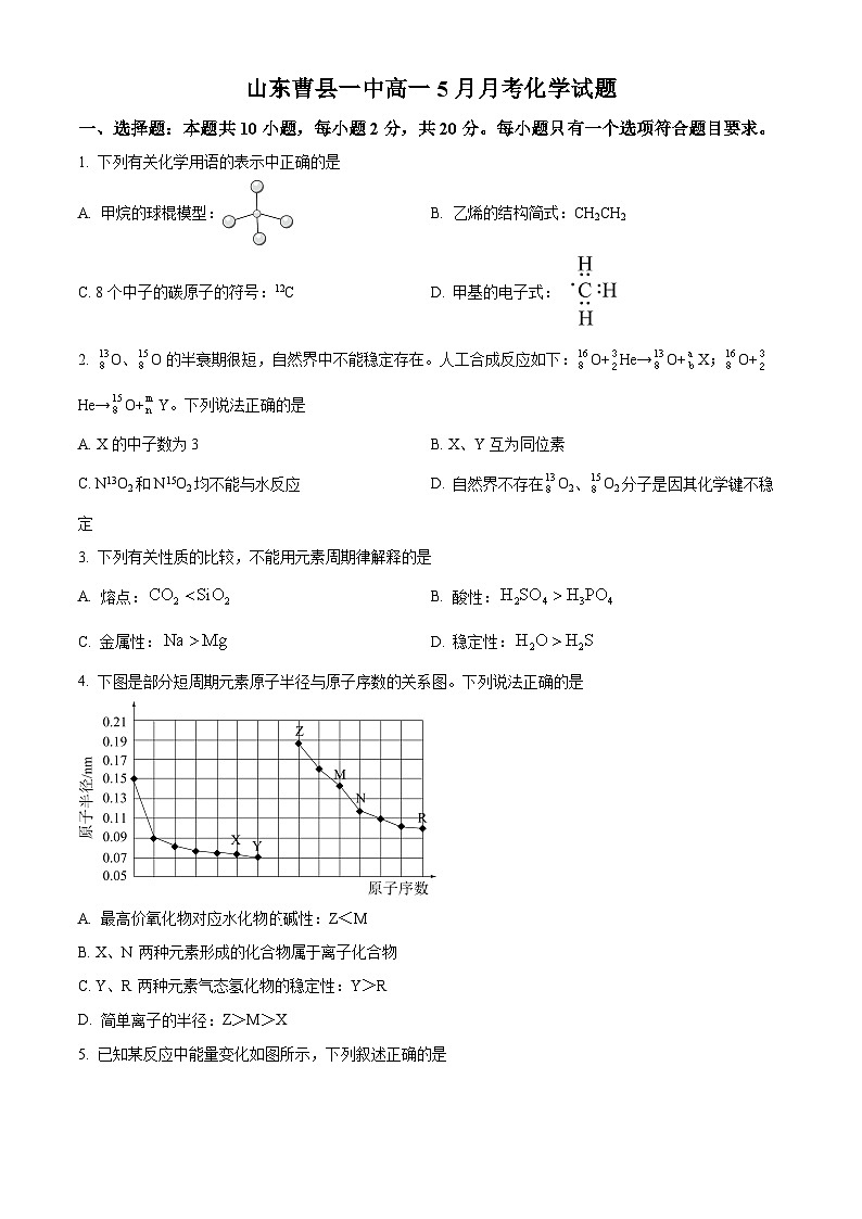 山东菏泽市曹县一中2022-2023学年高一下学期5月月考化学试题及答案第1页