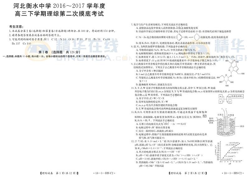 河北省衡水中学2017届高三下学期第二次摸底考试理科综合化学试题（PDF版）第1页