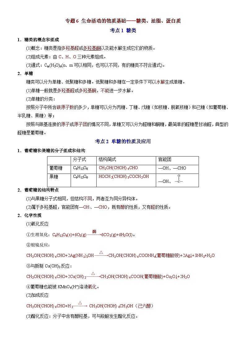 专题6 生命活动的物质基础——糖类、油脂、蛋白质——【期末复习】高二化学单元复习知识点梳理（苏教版2019选择性必修3）01