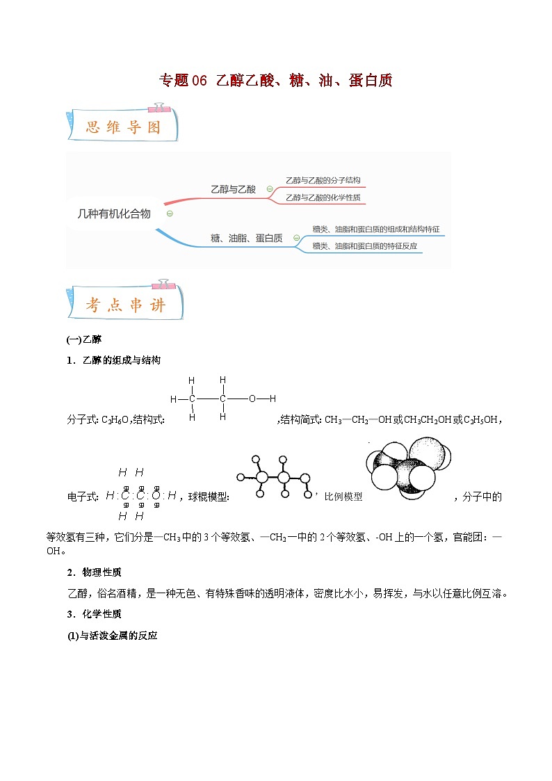 专题06 乙醇、乙酸、糖、油、蛋白质——2022-2023学年高一化学下学期期末知识点精讲+训练学案+期末模拟卷（沪科版2020）（原卷版） 第1页