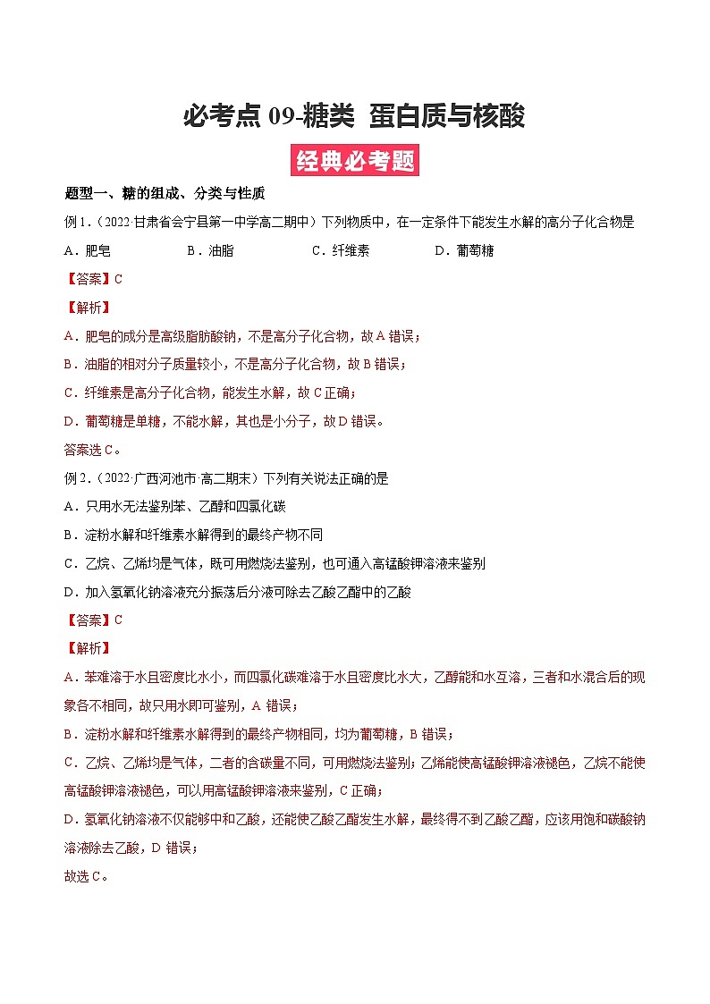 考点09糖类 蛋白质与核酸 ——高二化学下学期期末复习考点精练学案（人教版2019选择性必修3）01