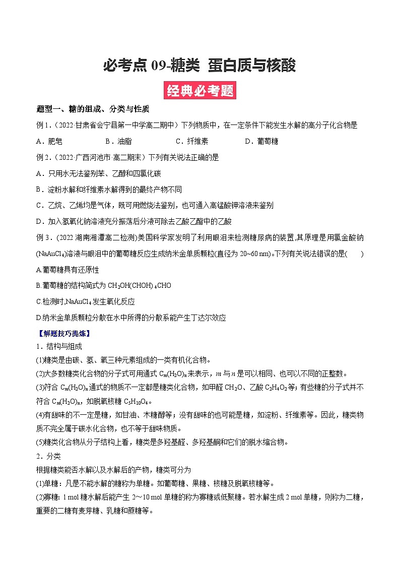 考点09糖类 蛋白质与核酸 ——高二化学下学期期末复习考点精练学案（人教版2019选择性必修3）01