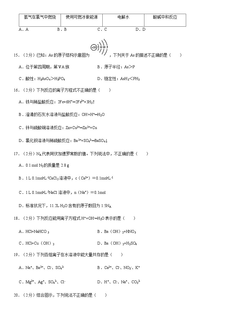 2020北京平谷高一（上）期末化学（教师版） 试卷03