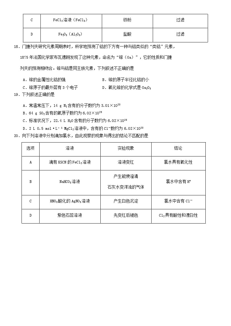 2020北京西城高一（上）期末化学含答案 试卷03