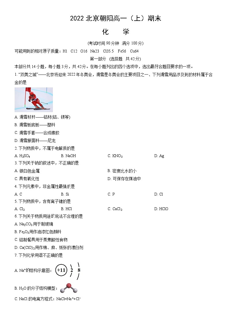 2022北京朝阳高一（上）期末化学（教师版） 试卷01