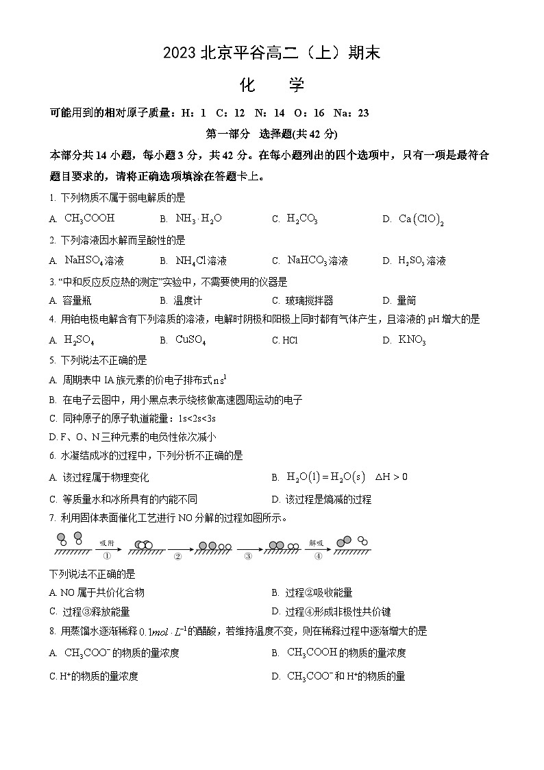 2023北京平谷高二（上）期末化学（教师版） 试卷01