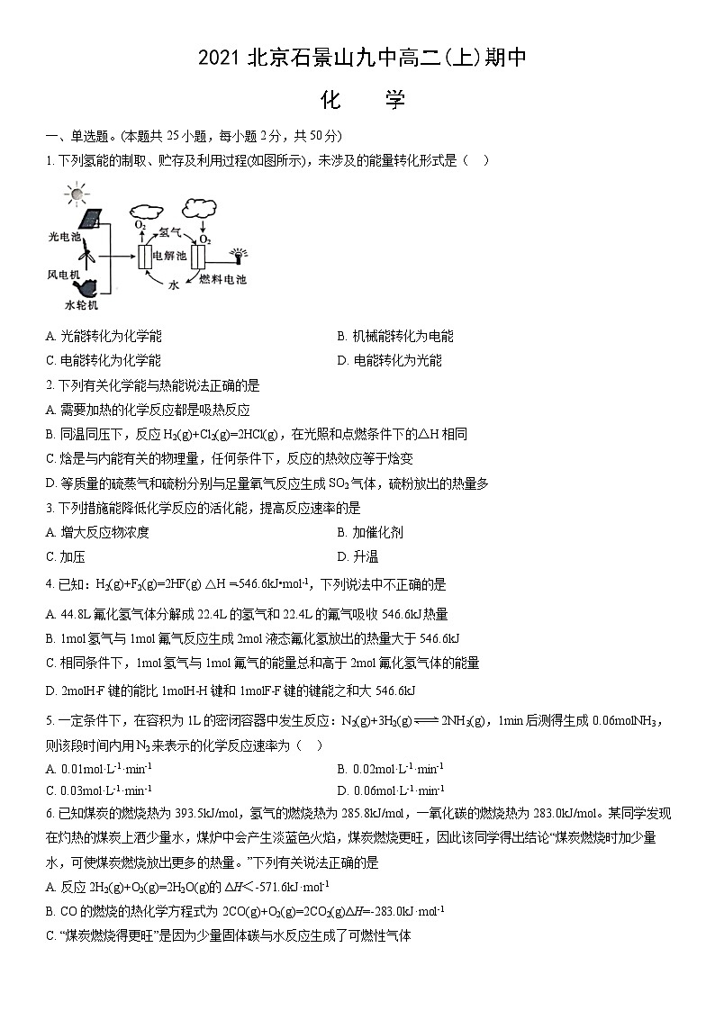 2021北京石景山九中高二(上)期中化学（教师版）第1页