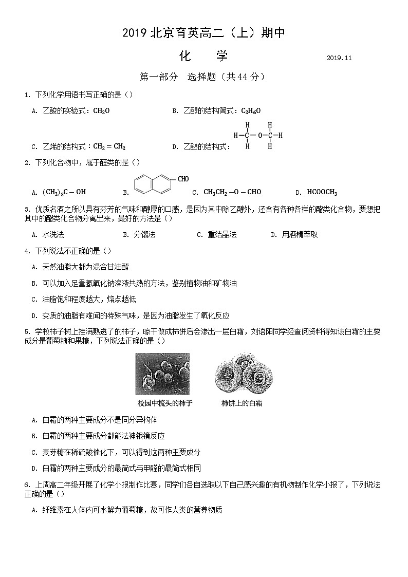 2019北京育英高二（上）期中化学含答案 试卷01