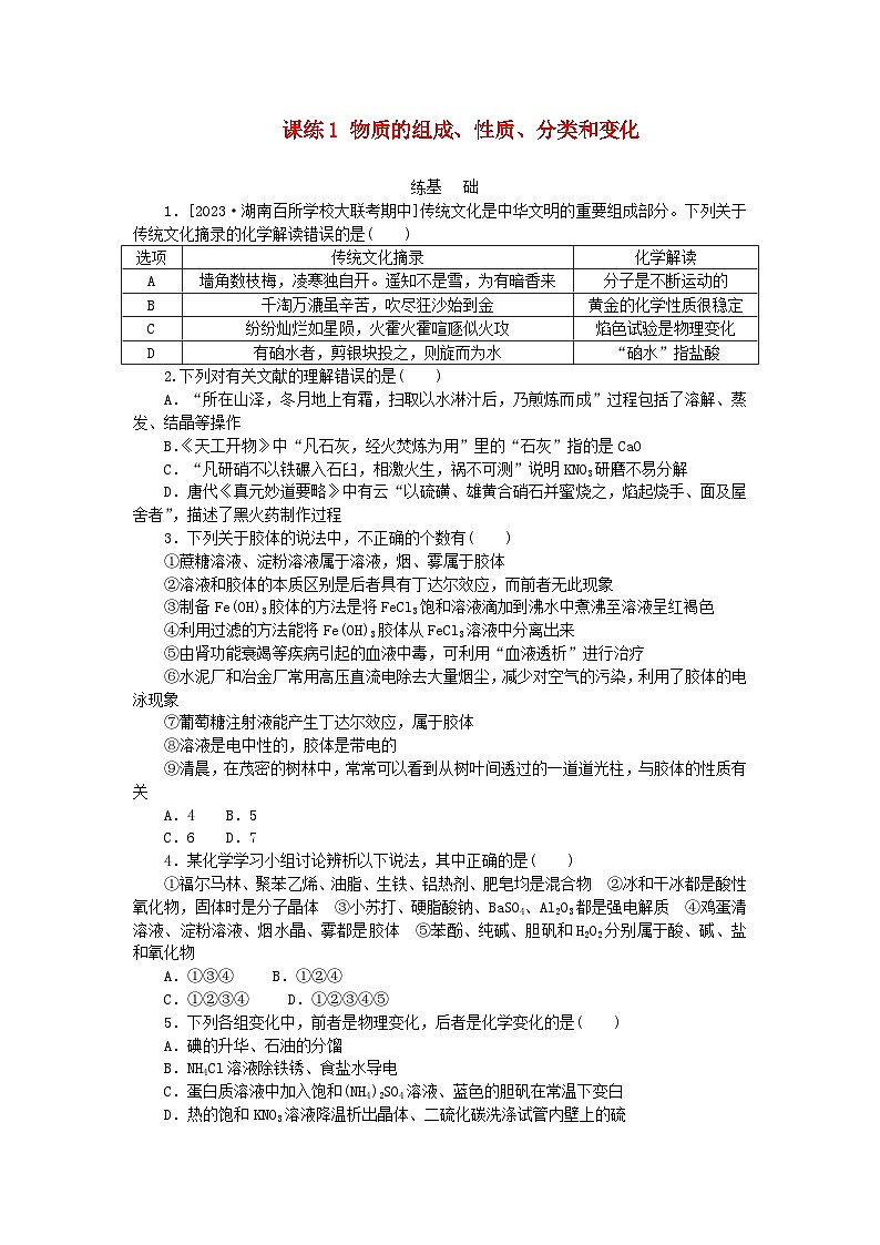 2024版新教材高考化学复习特训卷课练1物质的组成性质分类和变化第1页