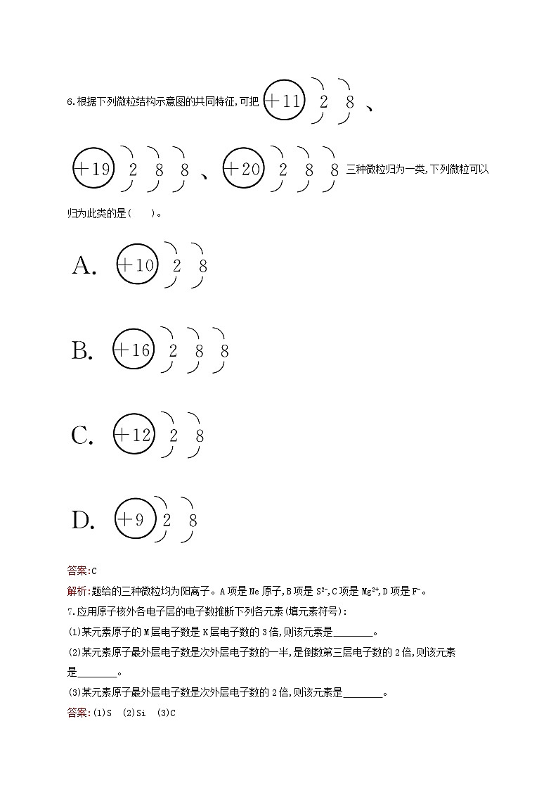 新教材适用高中化学专题2研究物质的基本方法第3单元人类对原子结构的认识第2课时原子核外电子排布课后习题苏教版必修第一册03