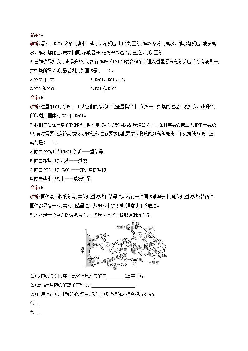 新教材适用高中化学专题3从海水中获得的化学物质第3单元海洋化学资源的综合利用第2课时从海水中提取镁和从海带中提取碘课后习题苏教版必修第一册02