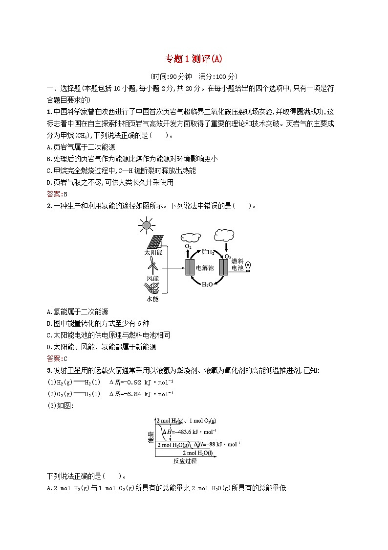 新教材适用2023年高中化学专题1化学反应与能量变化测评A苏教版选择性必修101