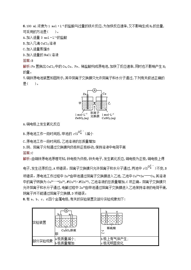 新教材适用2023年高中化学专题1化学反应与能量变化第二单元化学能与电能的转化第1课时原电池的工作原理课后习题苏教版选择性必修103