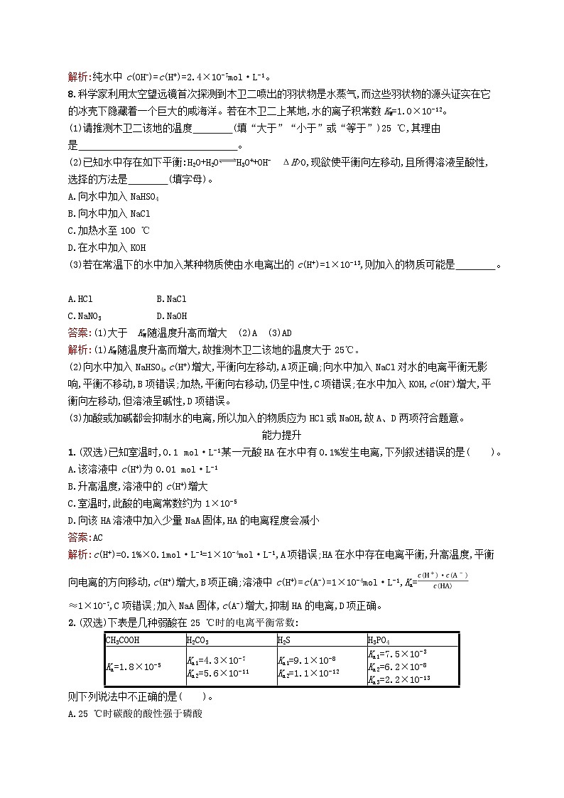 新教材适用2023年高中化学专题3水溶液中的离子反应第一单元弱电解质的电离平衡第2课时电离常数电离度及水的电离平衡课后习题苏教版选择性必修103