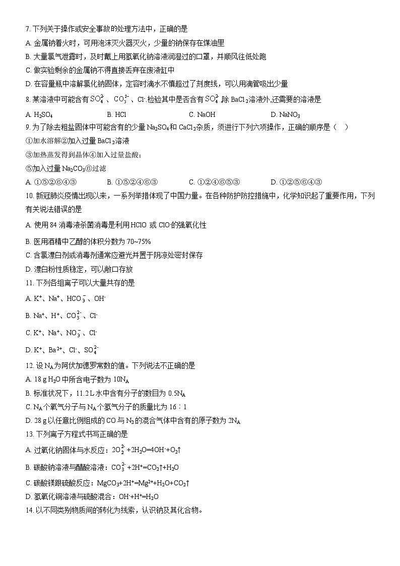 2021北京二十中高一（上）期中化学（教师版） 试卷02