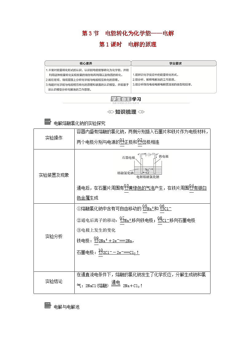 新教材2023年高中化学第1章化学反应与能量转化第3节电能转化为化学能__电解第1课时电解的原理导学案鲁科版选择性必修101