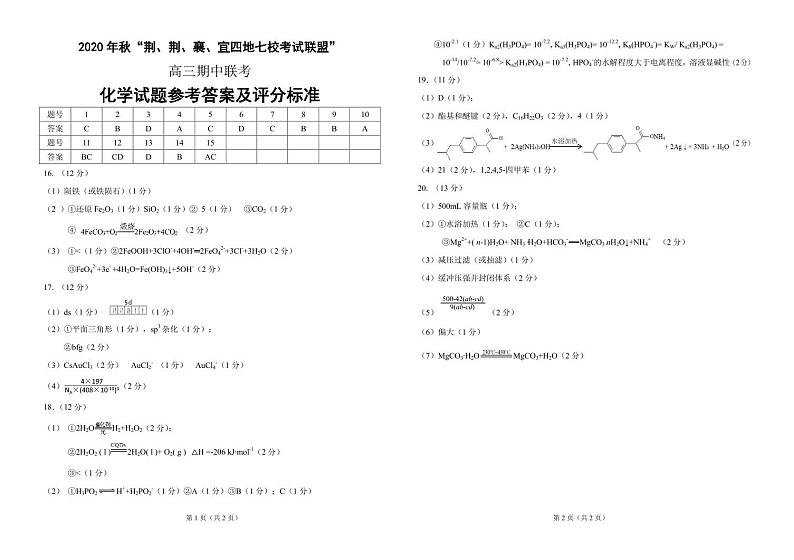 2021届湖北省“荆、荆、襄、宜“四地七校联盟高三上学期期中联考化学试卷 PDF版01