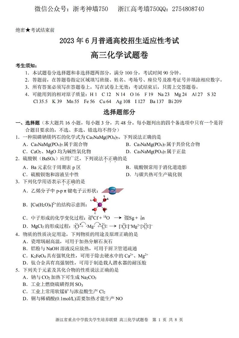 2023浙江省重点中学拔尖学生培养联盟高三下学期6月适应性考试化学含答案01