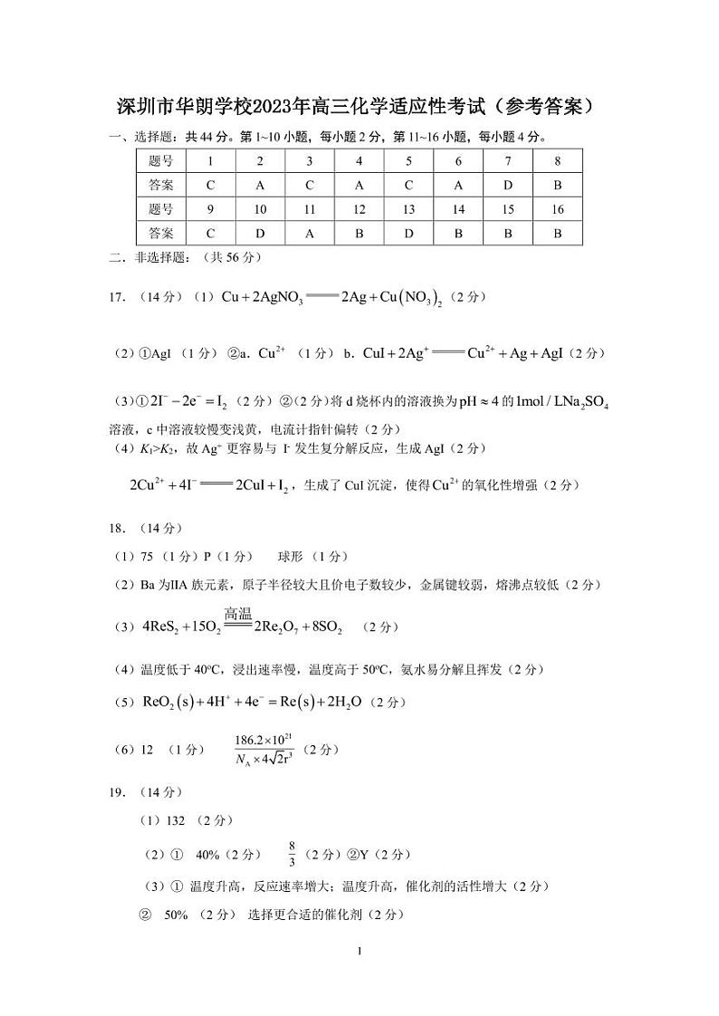 深圳市华朗学校2023年高三年级适应性考试化学答案第1页