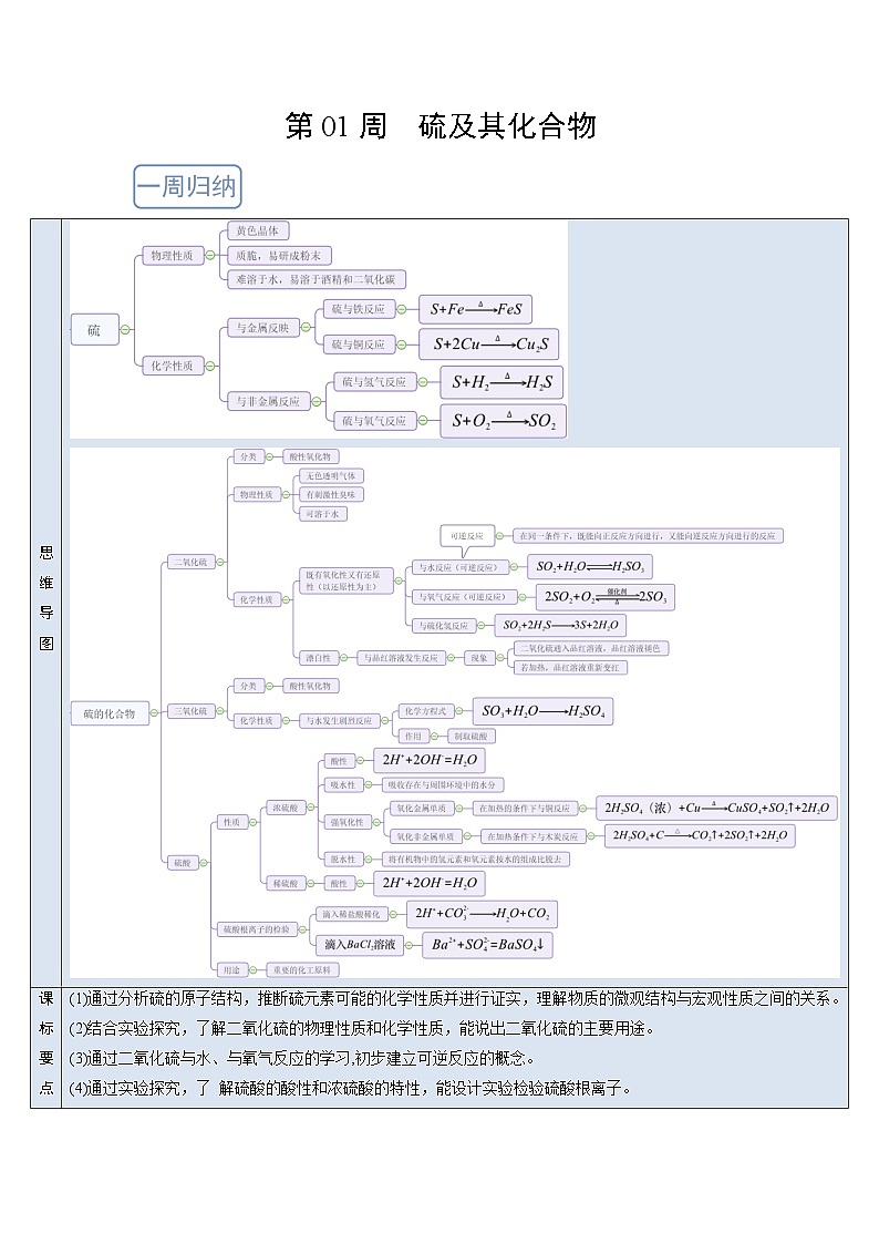 人教版 (2019)化学必修第二册 周测小卷 第01周 硫及其化合物01