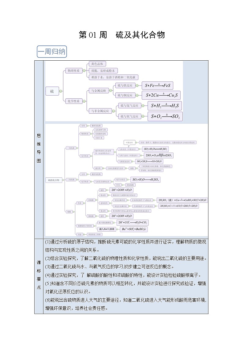 人教版 (2019)化学必修第二册 周测小卷 第01周 硫及其化合物01
