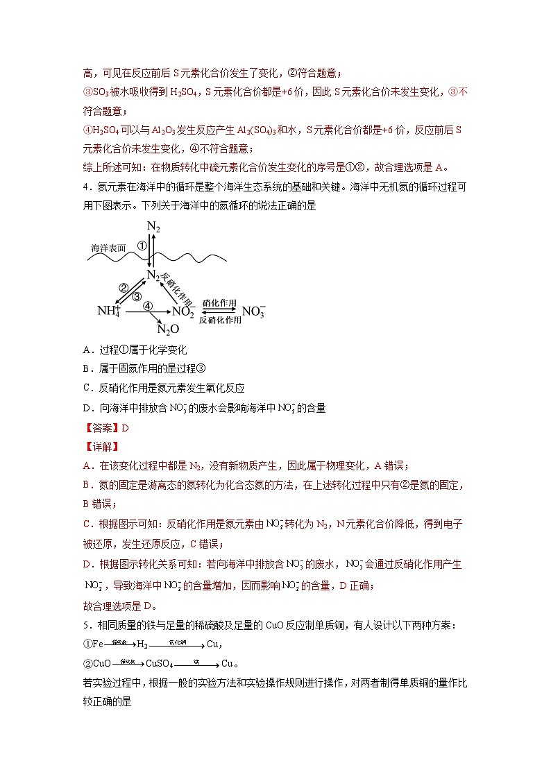 人教版化学必修第二册 周测小卷 第03周 专题强化练一 硫、氮及其化合物的转化、计算和综合实验02