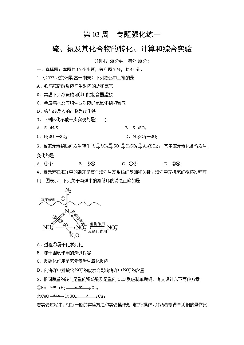 人教版化学必修第二册 周测小卷 第03周 专题强化练一 硫、氮及其化合物的转化、计算和综合实验01