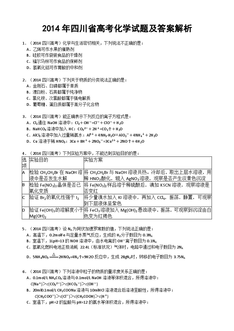 高考真题：2014年高考四川理综化学试题和参考答案01