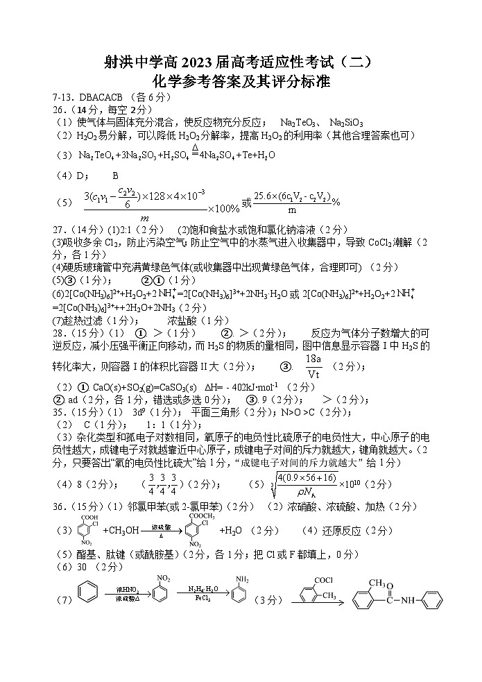 2023四川省射洪中学高高考适应性考试（二）理综试题含化学答案01