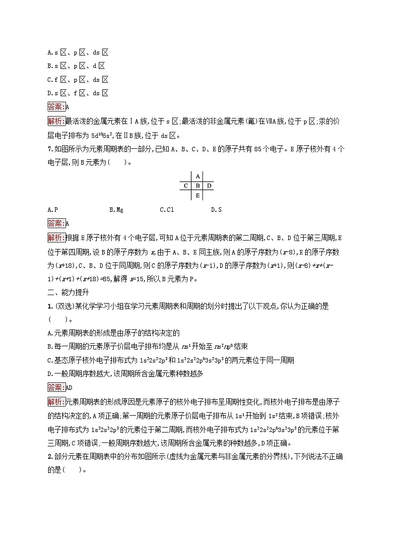 新教材适用2023年高中化学第1章原子结构与性质第2节原子结构与元素的性质第1课时原子结构与元素周期表课后习题新人教版选择性必修203
