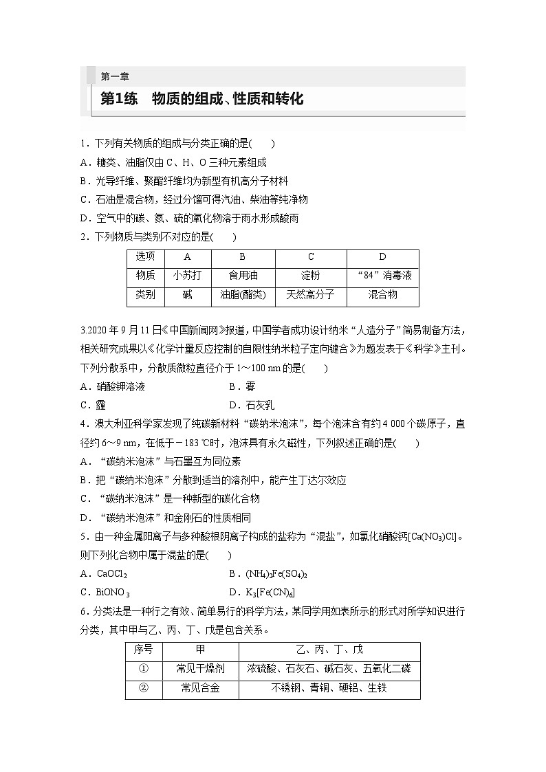 2024年高考化学一轮复习（新高考版） 第1章 第1讲　物质的组成、性质和转化 练习课件01