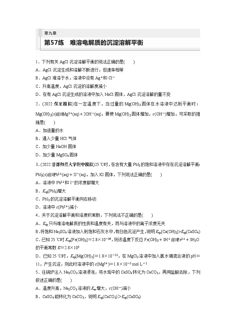 2024年高考化学一轮复习（新高考版） 第9章 第57讲　难溶电解质的沉淀溶解平衡 练习课件01