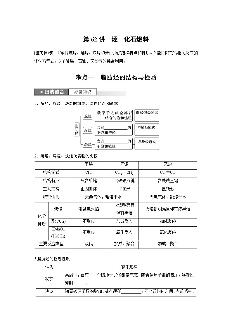 2024年高考化学一轮复习（新高考版） 第10章 第62讲　烃　化石燃料 练习课件01