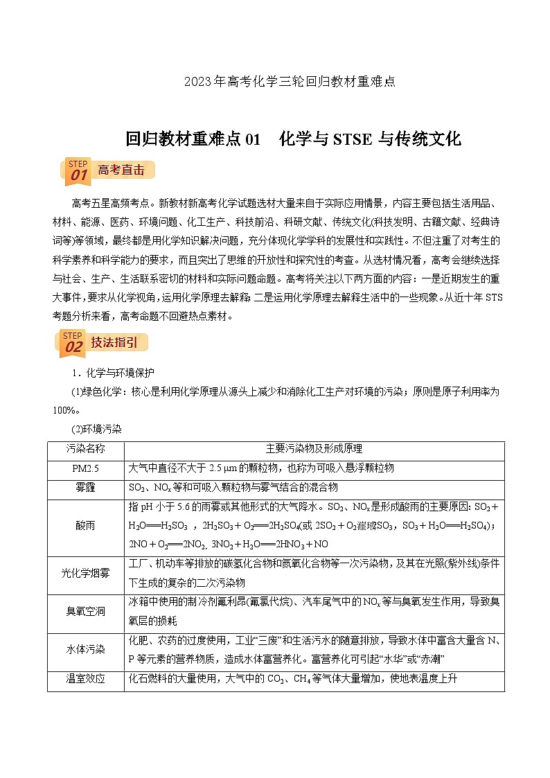 2023年高考化学三轮回归教材重难点01  化学与STSE与传统文化 试卷01